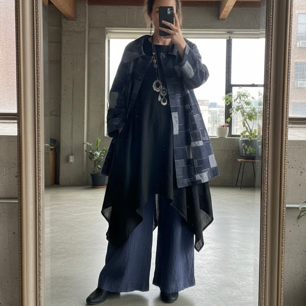 Womens Navy Grey Geometric Patchwork Swing Coat‎ Lagenlook Art To Wear Jacket M